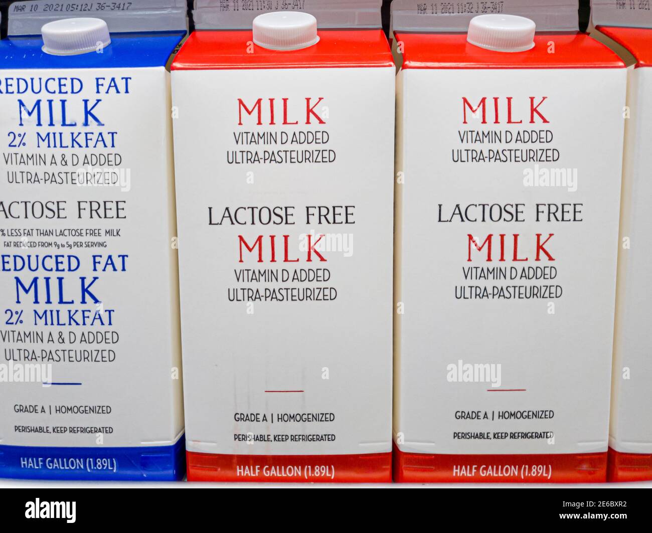 Cartoni da mezzo gallone di latte senza lattosio su ripiano frigorifero. Si tratta di un prodotto speciale per il consumo di persone che sono intolleranti al lattosio a causa di en Foto Stock