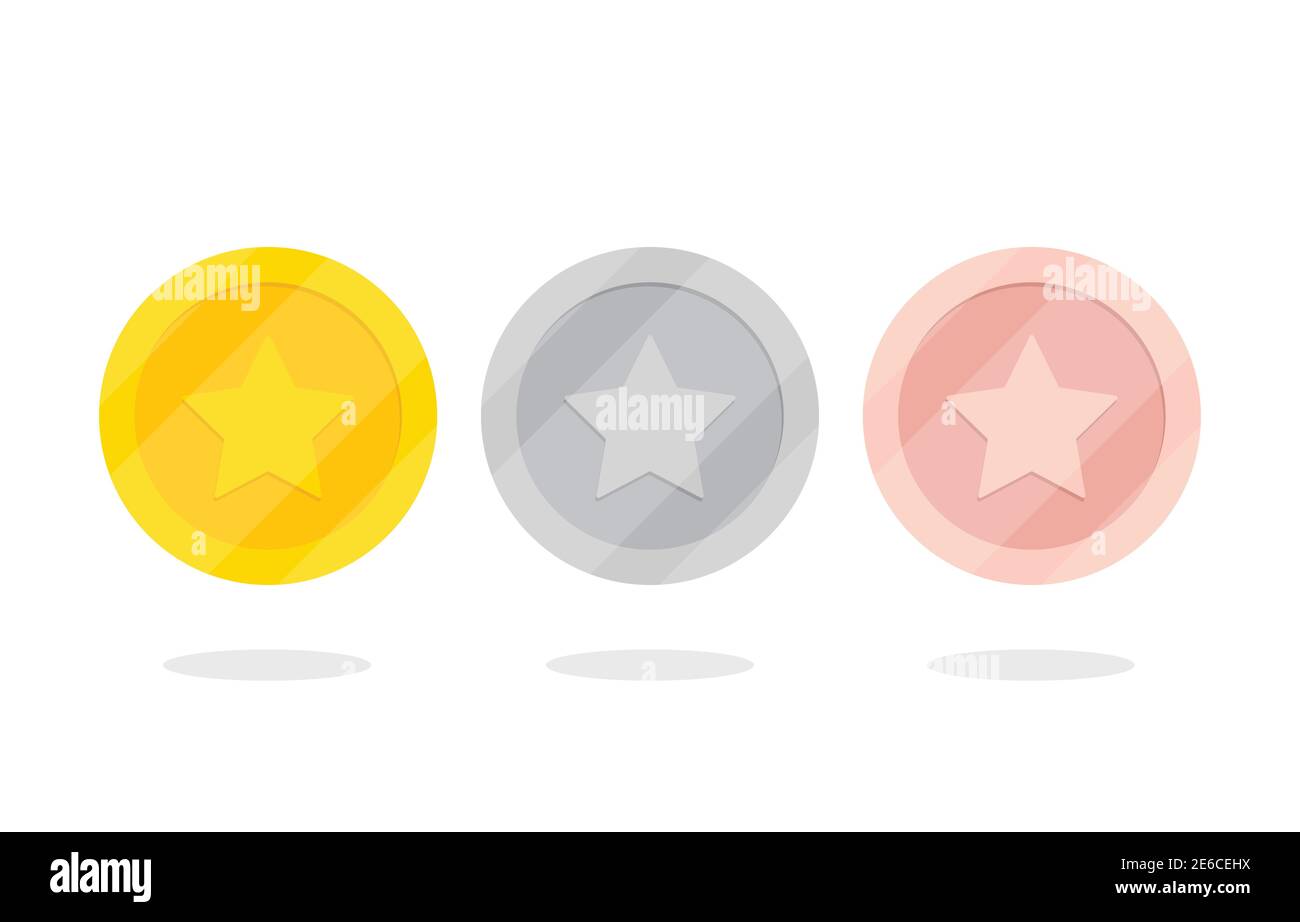 Moneta oro bronzo argento con stella set icona vettore per video gioco o app animazione bingo jackpot poker casinò vincere illustrazione elementi Illustrazione Vettoriale