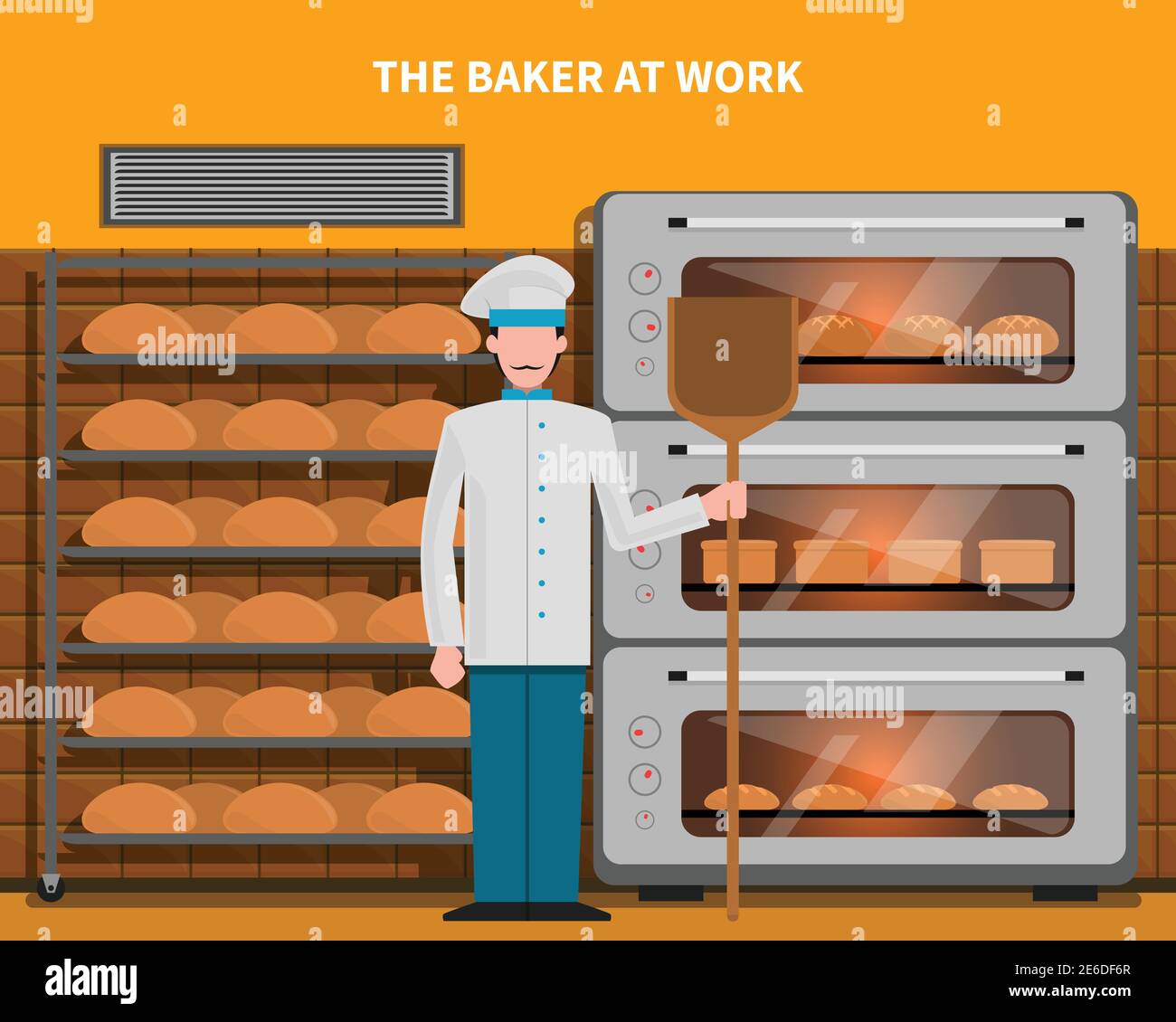 Baker al lavoro concetto con forno per pane piatto vettore illustrazione Illustrazione Vettoriale