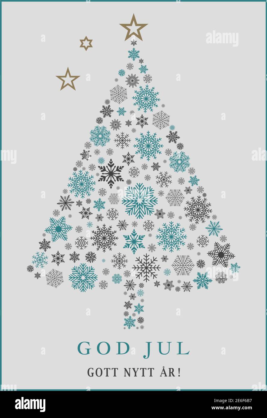 Dio albero di lug vettore con fiocchi di neve, stelle e Gott Nytt Ar saluti svedesi. Dio lug è buon Natale, Gott Nytt Ar è felice anno nuovo Illustrazione Vettoriale