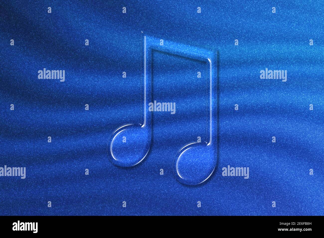 Simbolo dell'ottava nota con fascio, sfondo musicale, sfondo blu con glitter Foto Stock