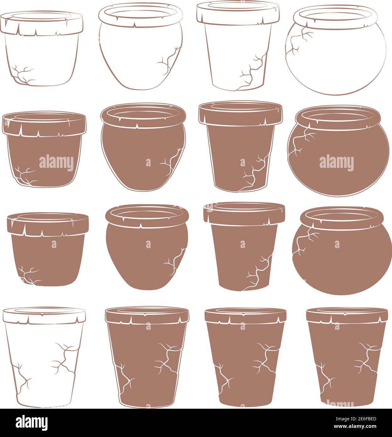 Serie vettoriale di vecchi vasi di argilla per fiori. Oggetti isolati. Illustrazione Vettoriale
