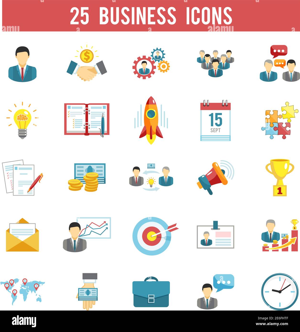 Principi redditizi di successo di startup business per i manager in 25 flat pittogrammi raccolta simboli astratta illustrazione vettoriale isolata Illustrazione Vettoriale