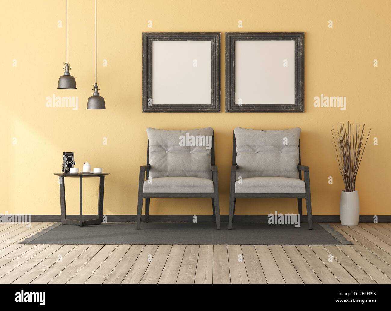 Soggiorno retro giallo con due poltrone di legno. Tavolino da caffè e. cornice immagine vuota - rendering 3d Foto Stock