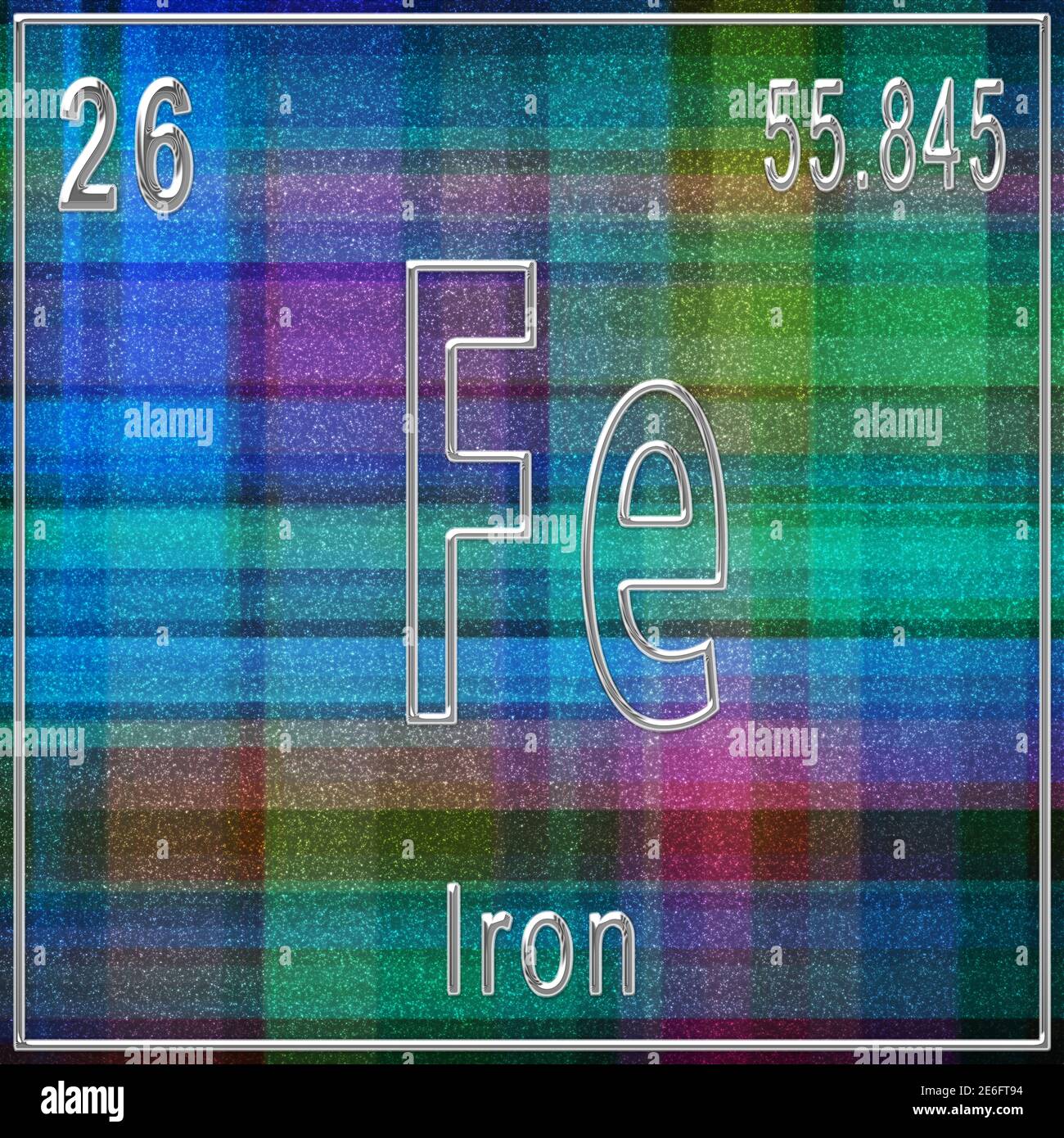 Elemento chimico del ferro, segno con numero atomico e peso atomico, elemento Tavola periodica Foto Stock