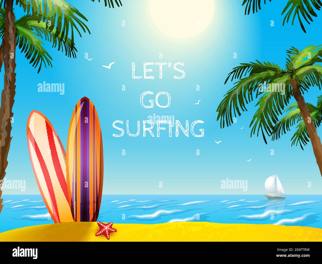 Estate vacanza viaggio poster tavole da surf Starfish Seascape e barca a vela sfondo illustrazione vettoriale Illustrazione Vettoriale