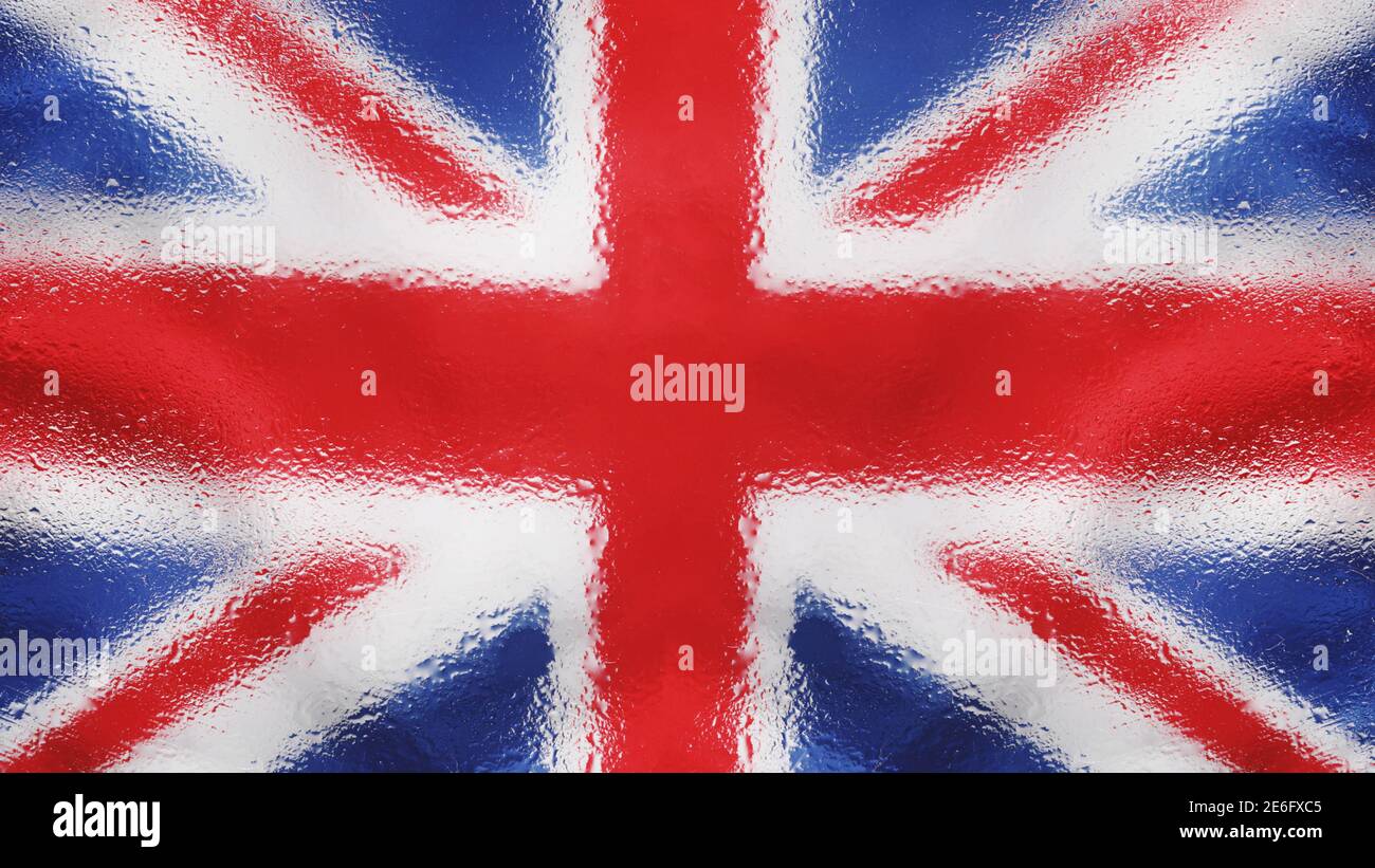 Foto della bandiera inglese dietro il vetro bagnato. Tempo britannico. Foto di alta qualità Foto Stock