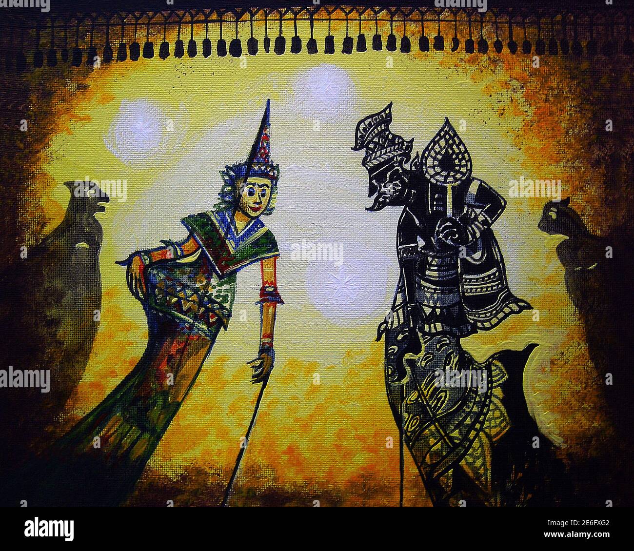 Arte, pittura, colore acrilico, motivo tailandese, regione meridionale, terra tailandese, luce e ombra, Puppets, Nang Talung Foto Stock