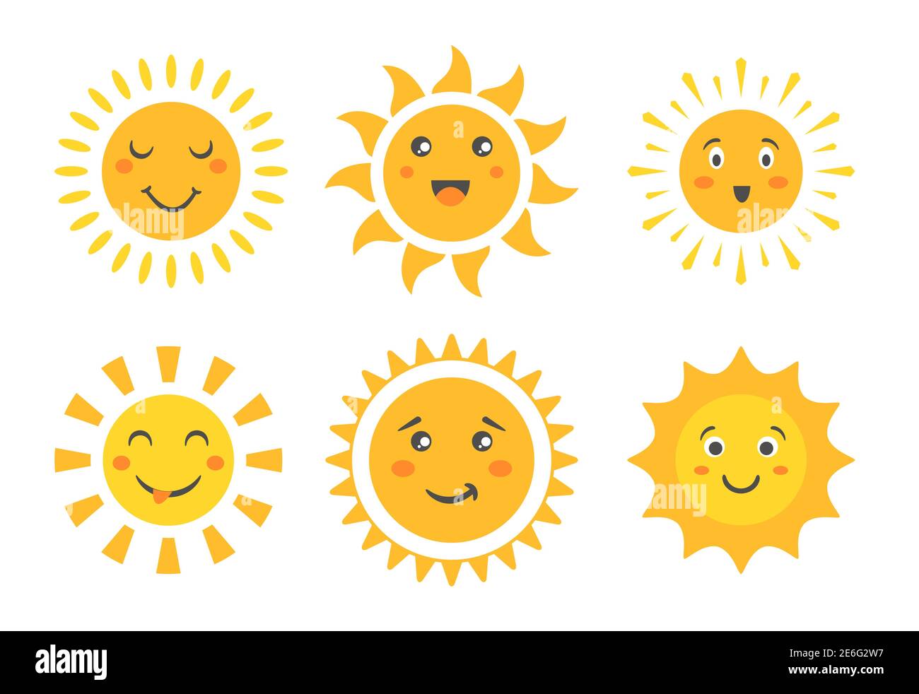 Cartoon Sun emoticon collezione di personaggi, volti soleggiati con felici emozioni e divertente sorriso positivo, divertente estate sole baby emoji. Vettore sole carino Illustrazione Vettoriale