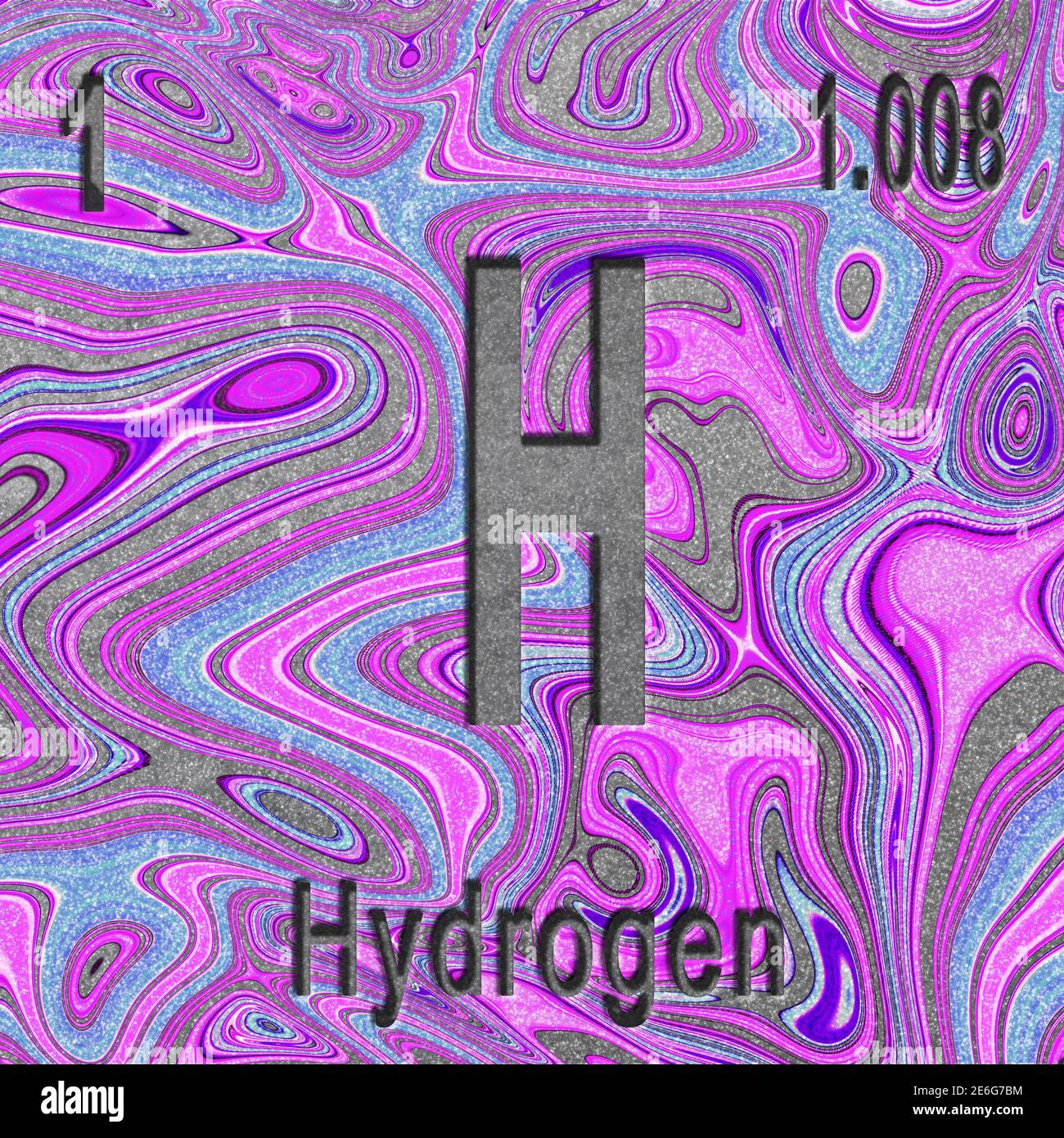 Elemento chimico idrogeno, segno con numero atomico e peso atomico, sfondo viola, elemento Tavola periodica Foto Stock