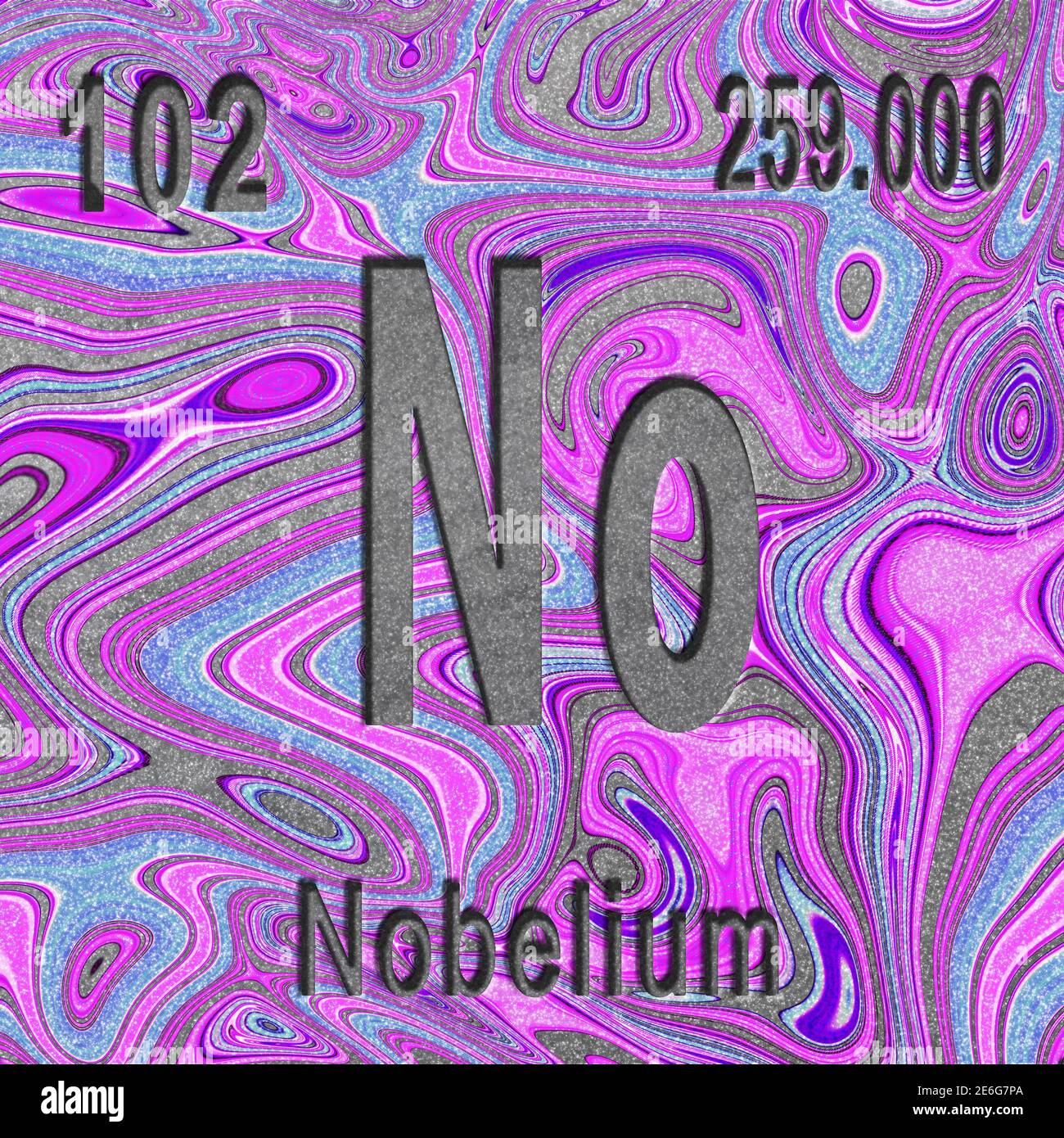 Elemento chimico di Nobelio, segno con numero atomico e peso atomico, sfondo viola, elemento Tavola periodica Foto Stock