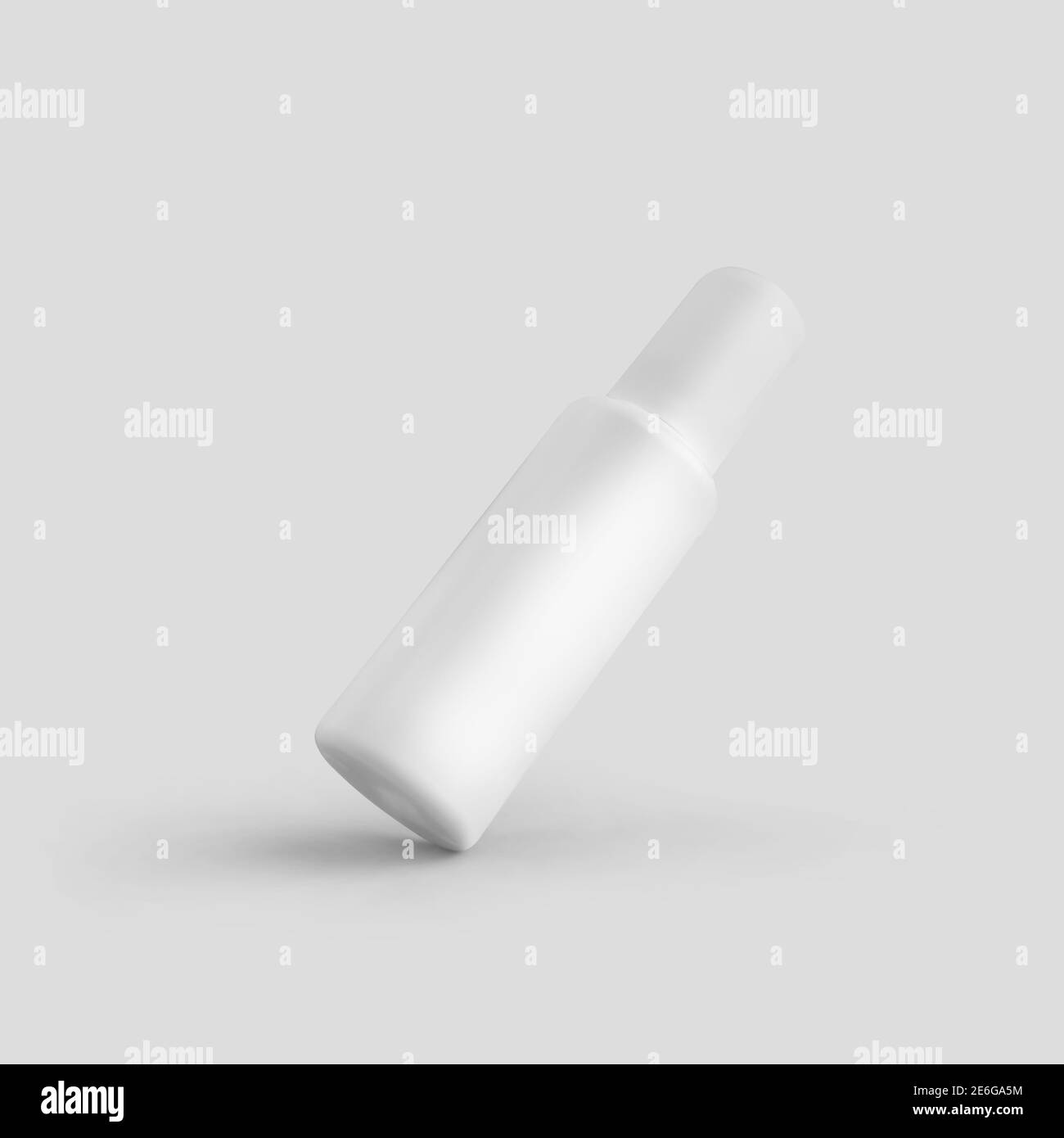 Maschera di una bottiglia di plastica bianca con atomizzatore, con tappo, fiala opaca con aerosol per presentazione progettuale, pubblicità in cosmetologia, farm Foto Stock