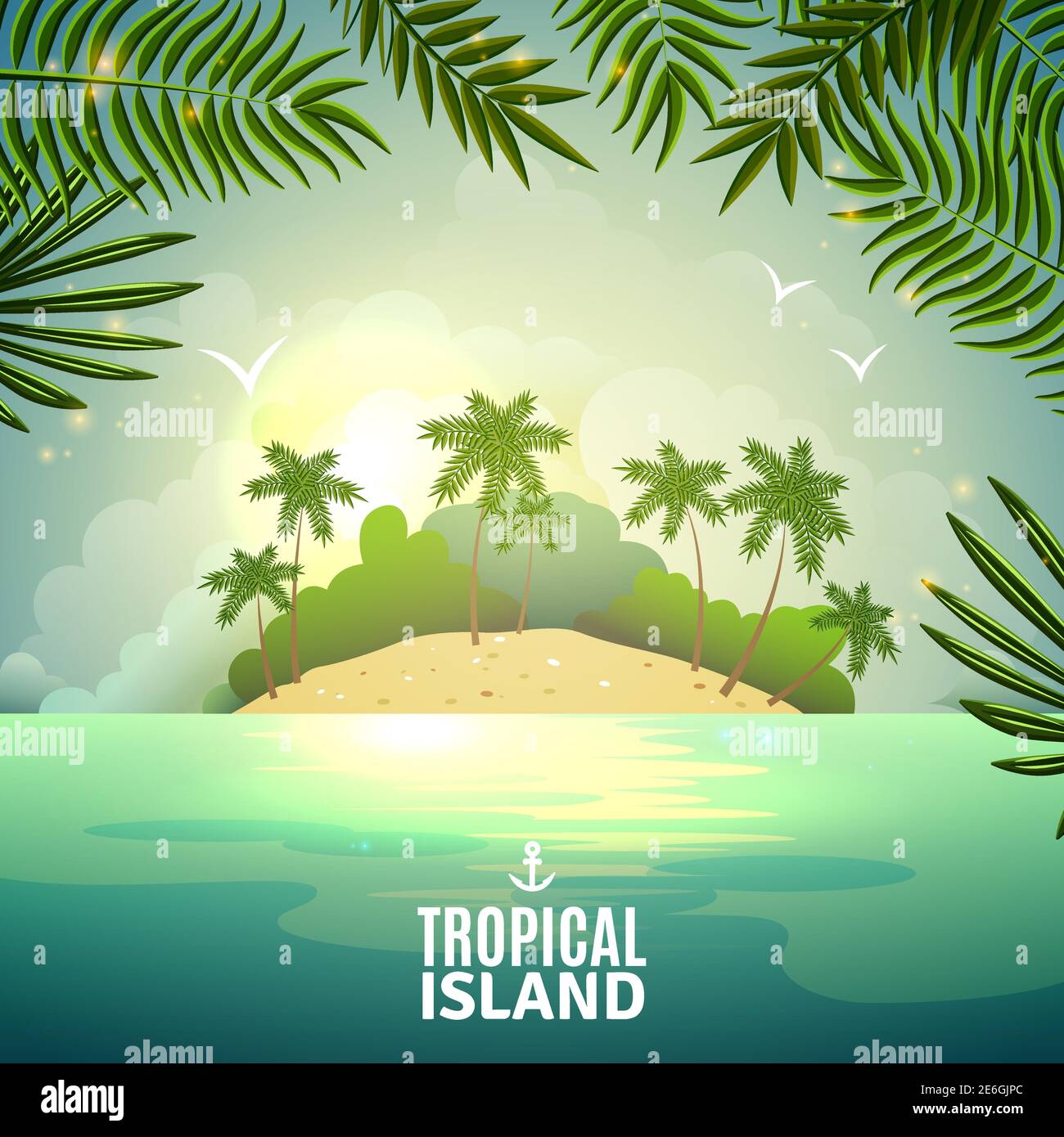 Natura tropicale dell'isola con palme nelle acque verdi dell'oceano poster decorativo piatto illustrazione vettoriale astratta Illustrazione Vettoriale