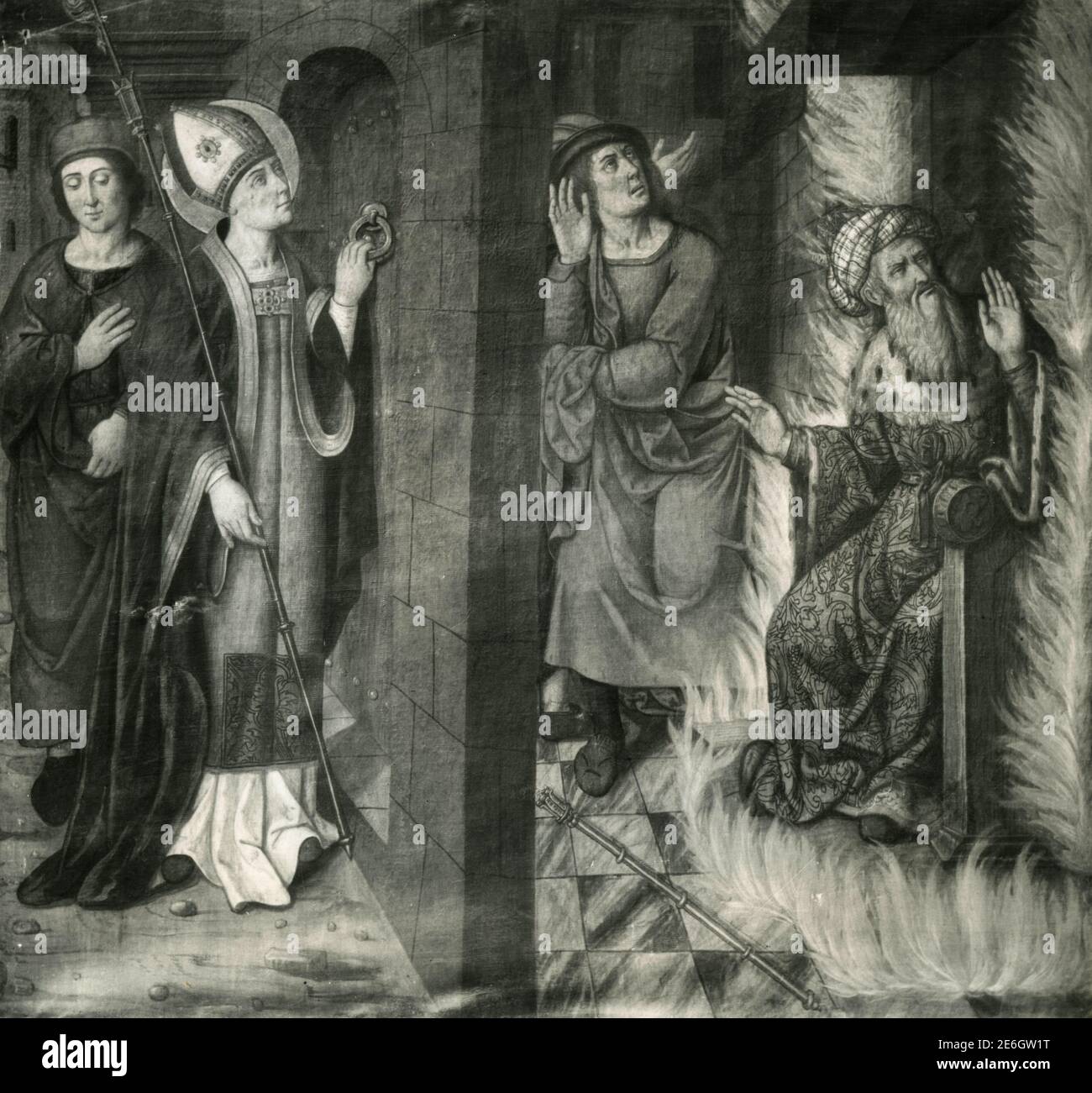 San Martino e altri al fuoco, dipinto dell'artista italiano Paolo da San Leocadio, Cattedrale, Valencia, Spagna anni '50 Foto Stock