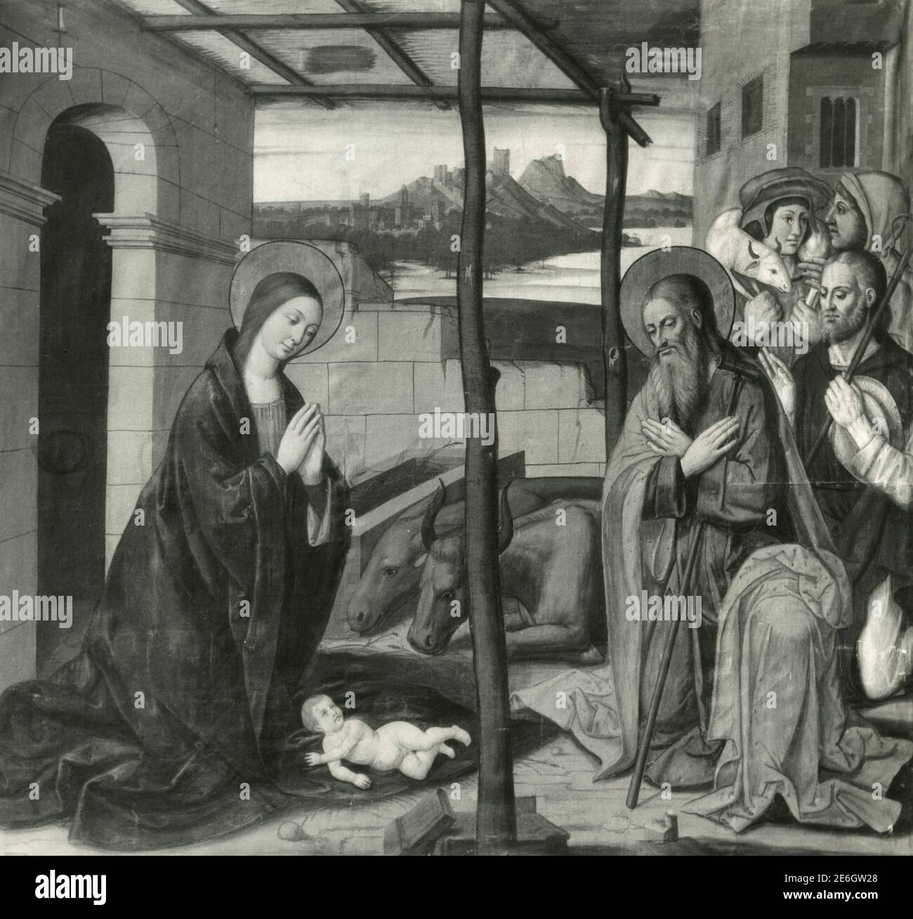 Adorazione del Pastore, pittura dell'artista italiano Paolo da San Leocadio, Cattedrale, Valencia, Spagna anni '50 Foto Stock