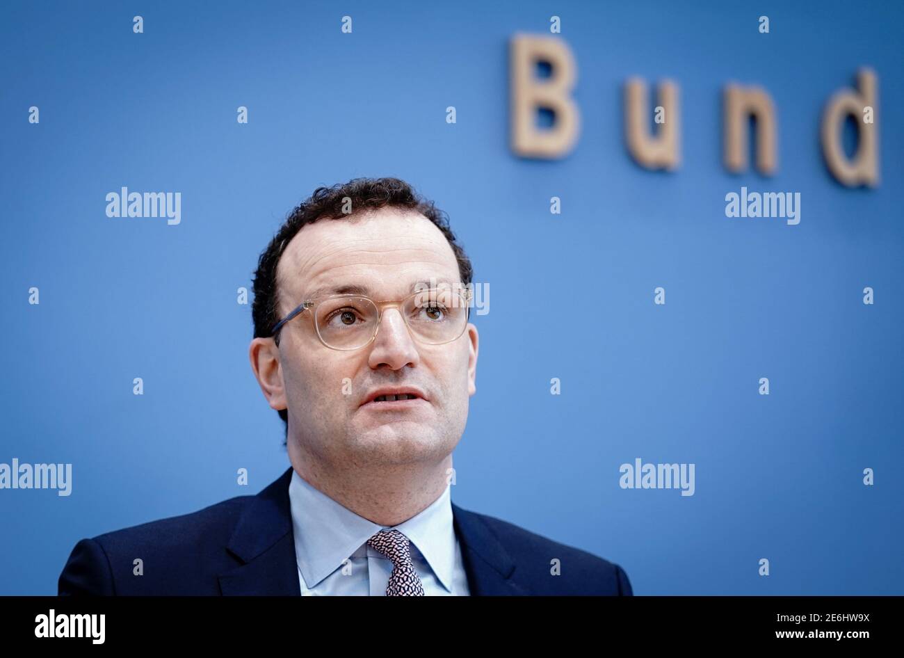 Berlino, Germania. 29 gennaio 2021. Jens Spahn (CDU), Ministro federale della sanità, tiene una conferenza stampa sulla situazione attuale della pandemia di Corona alla Conferenza federale della stampa. Credit: Kay Nietfeld/dpa/Alamy Live News Foto Stock
