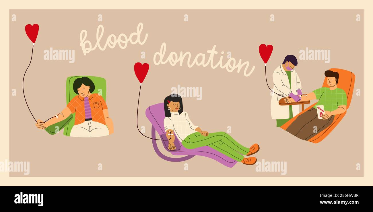 Concetto di donatore di sangue. Uomini e donne donano il sangue volontariamente. Un infermiere o un medico in un uniforme medica e una maschera protettiva aiuta al sangue Illustrazione Vettoriale