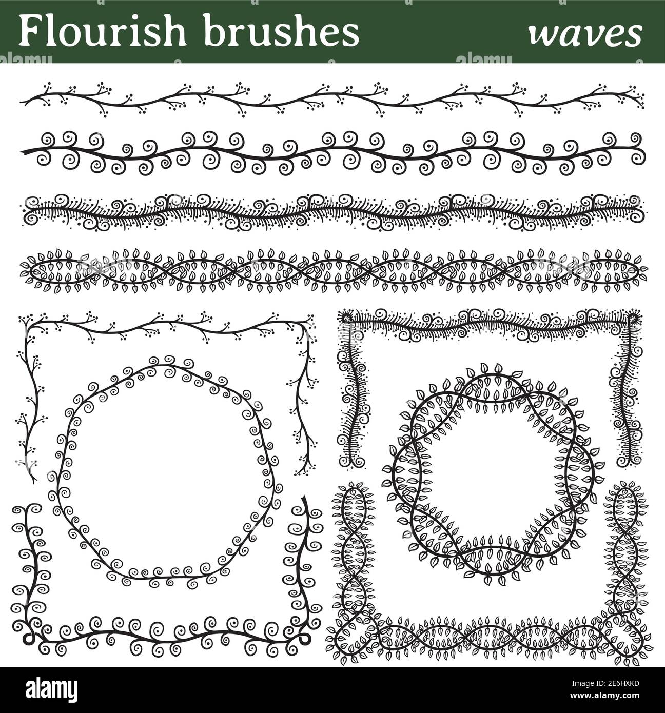 Potete disegnare qualsiasi linea o tracciato e applicare un pennello. Inoltre, è possibile creare cornici con forme diverse (rotonde, quadrate, ..) perché tutti i pennelli includono esterni Illustrazione Vettoriale