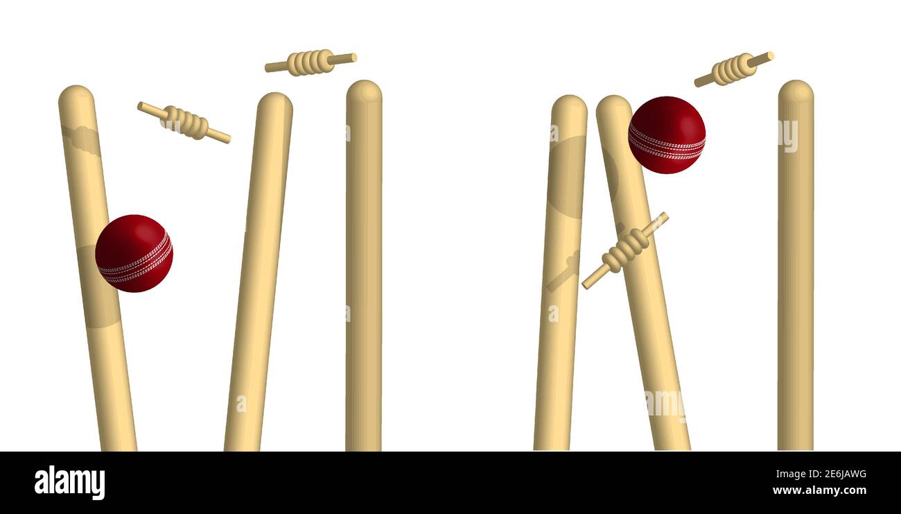 gol di cricket di legno rompe palla rossa. Wicket con barre trasversali superiori che scarta ai lati dall'atleta con un tiro preciso. Vettore 3D isolato Illustrazione Vettoriale