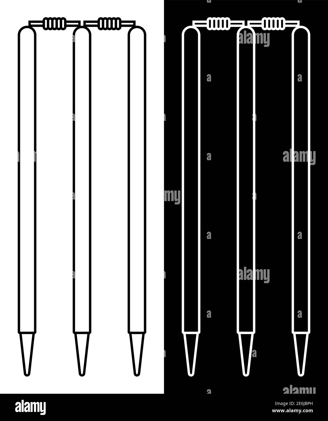 Cancello di legno, wicket di cricket con barre superiori. Isolato su sfondo bianco. Icona vettore Illustrazione Vettoriale