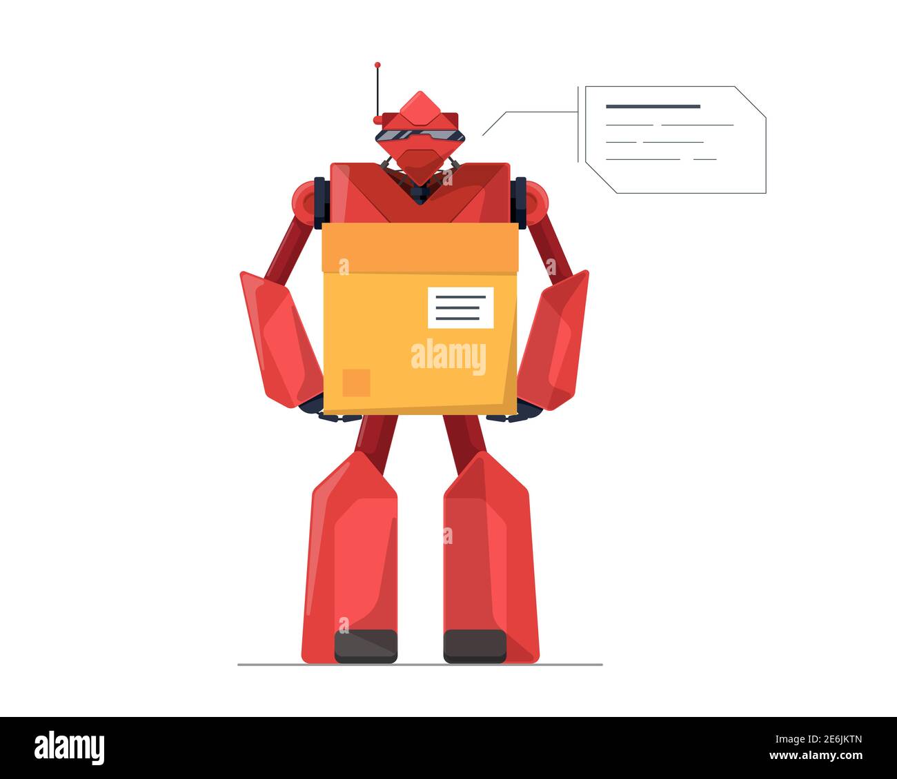 Il corriere robotizzato tiene il cartone del pacchetto tecnologia futura. Servizio di consegna robot o concetto di lavoro di magazzino. Illustrazione eps isolato flat vettoriale logistico droid intelligente ai automatizzata Illustrazione Vettoriale