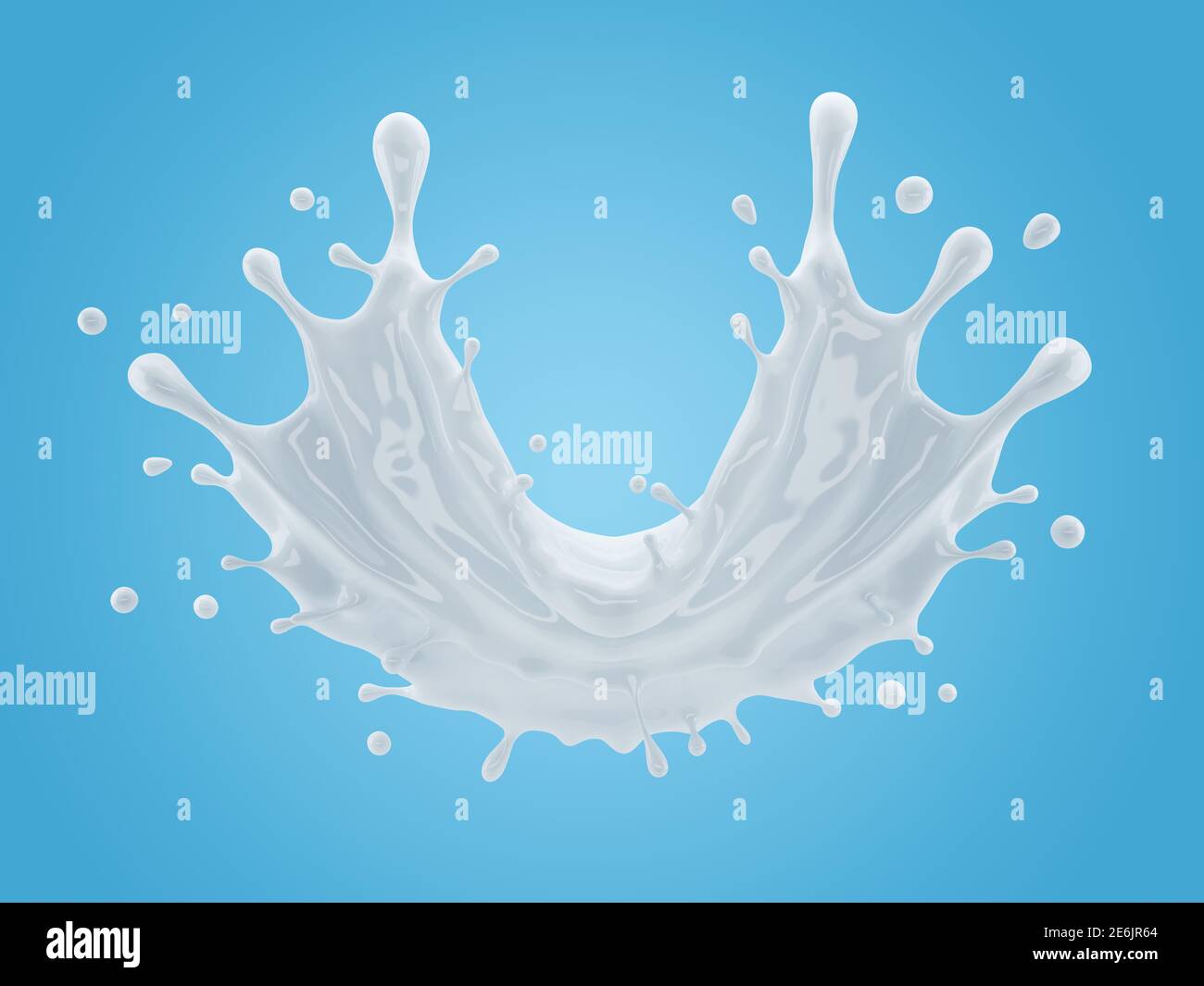 illustrazione 3d di spruzzi di latte su sfondo blu sfumato con tracciato di ritaglio Foto Stock
