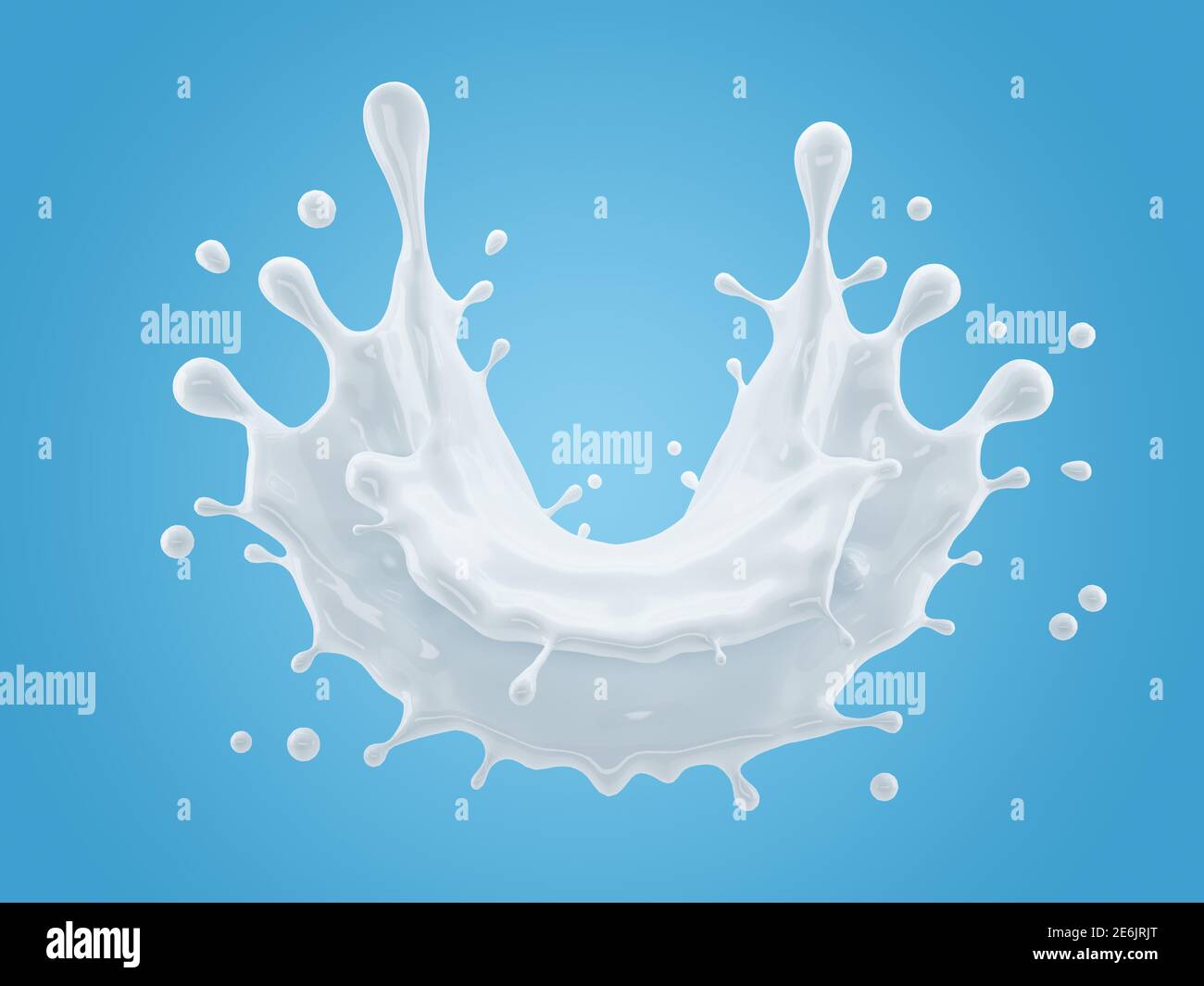 illustrazione 3d di spruzzi di latte su sfondo blu sfumato con tracciato di ritaglio Foto Stock