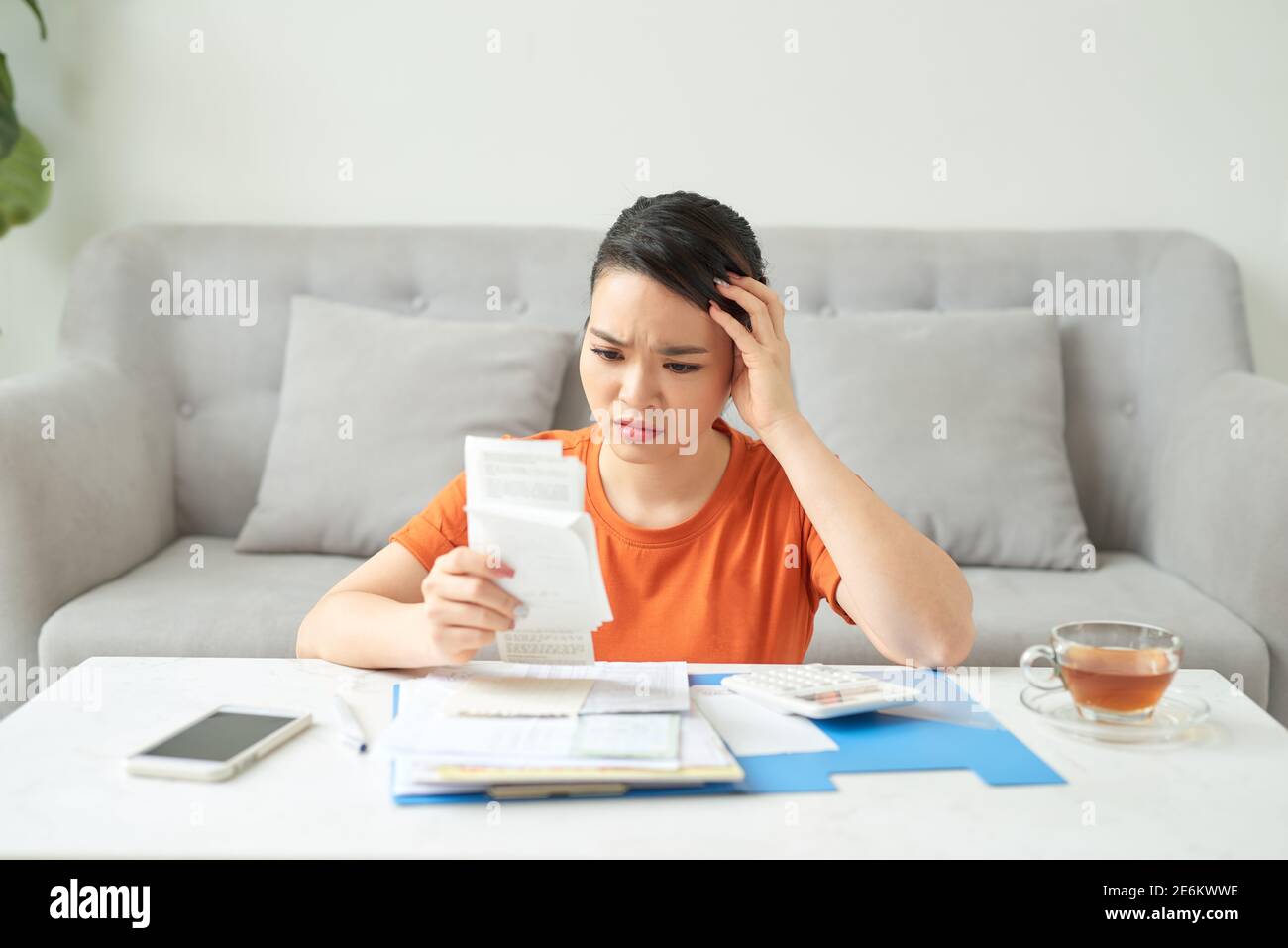 casalinga gestisce il budget di famiglia, contabile fare lavoro di carta a distanza lavoro a casa concetto Foto Stock