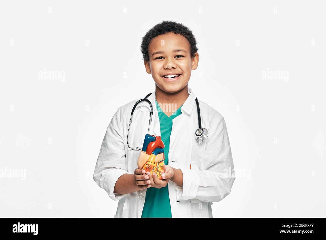 Bambino afroamericano durante l'apprendimento dell'anatomia umana, tiene un modello anatomico del cuore, per studiare la struttura del corpo. Isolato su bianco Foto Stock