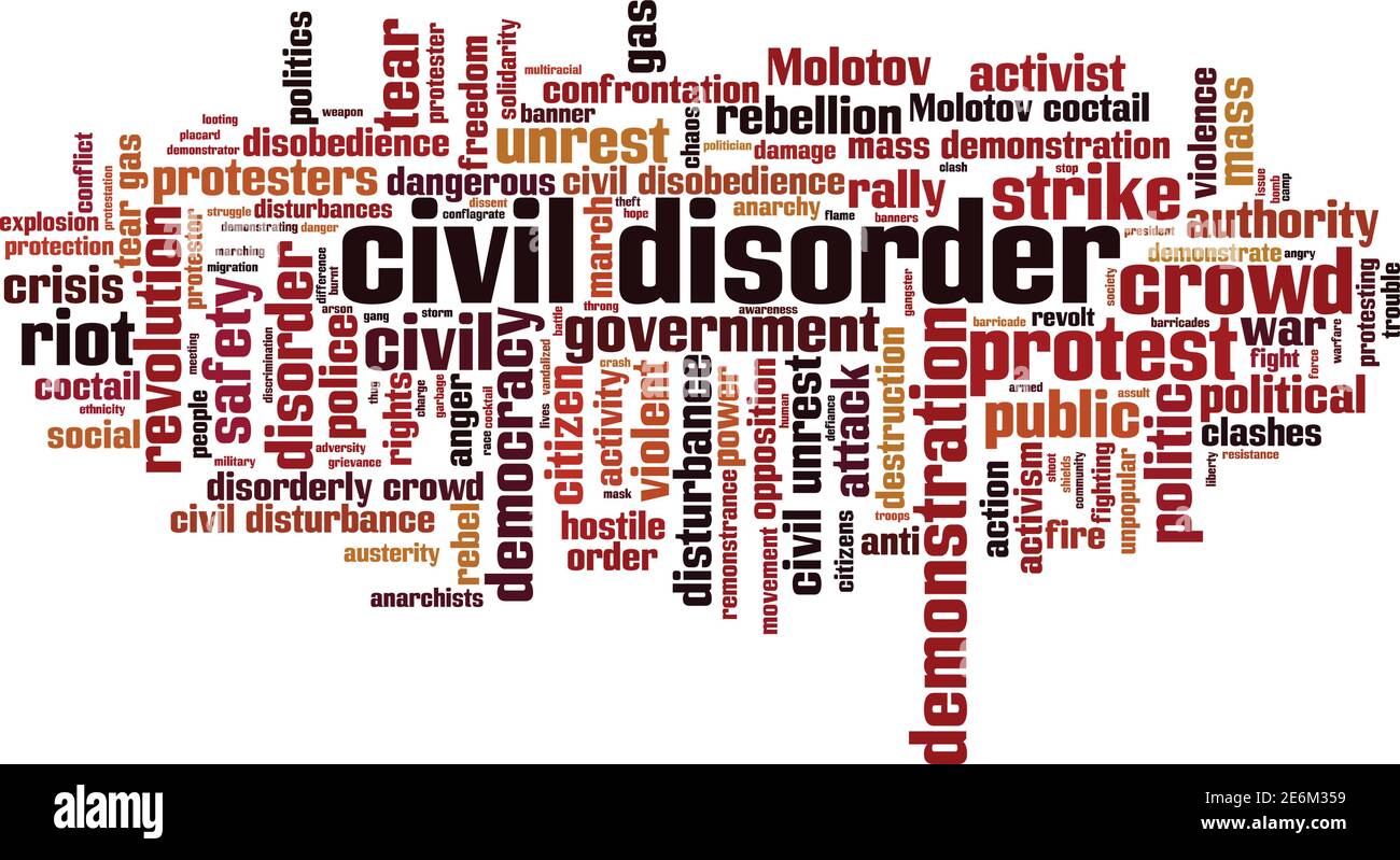 Concetto di nube di parola di disturbo civile. Collage fatto di parole sul disordine civile. Illustrazione vettoriale Illustrazione Vettoriale