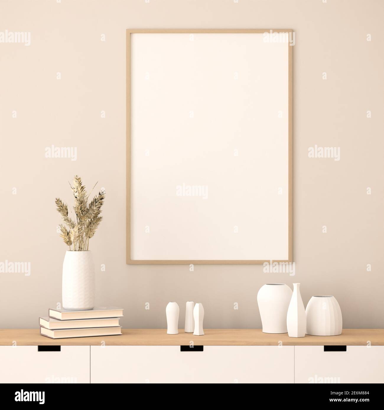 Scena di mockup della cornice. Sideboard con un vaso di vasi di grano essiccato e libri, alcuni vasi bianchi vuoti di porcellana. Foto Stock