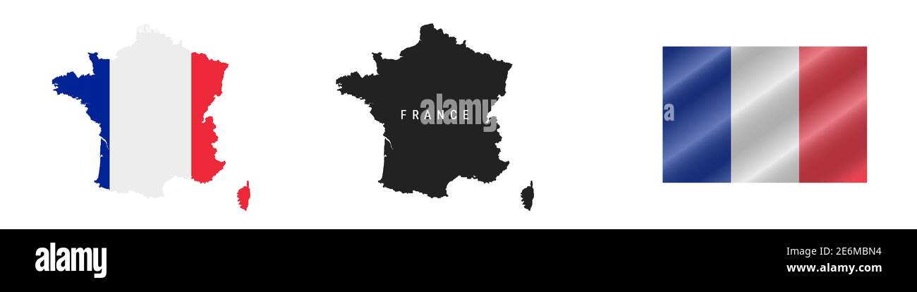 Francia. Mappa con bandiera mascherata. Silhouette dettagliata. Bandiera ondulata. Illustrazione vettoriale isolata in bianco. Illustrazione Vettoriale