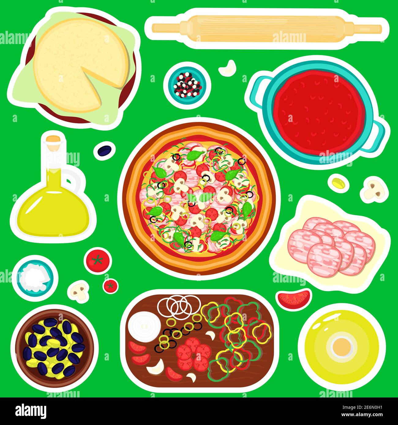 Carino adesivi alimentari ingredienti, verdure, formaggio, carne, pizza vettore illustrazione set Illustrazione Vettoriale