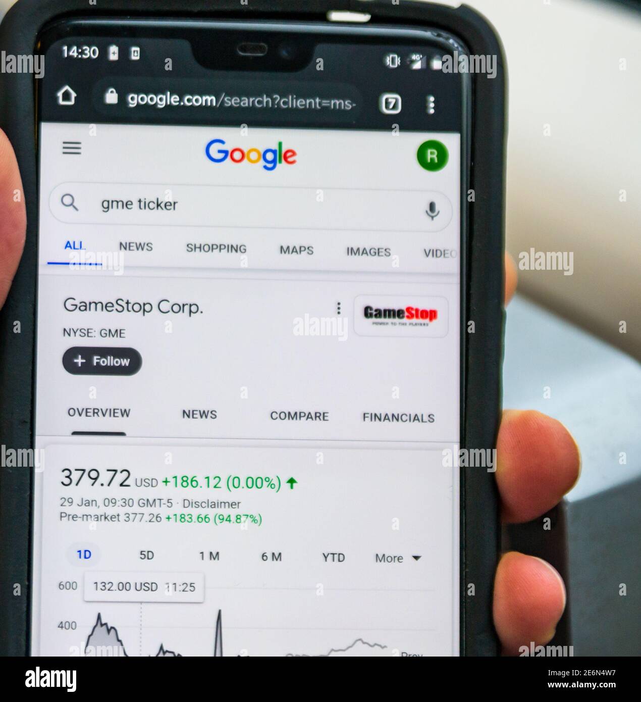 Warwickshire, Regno Unito, 29 gennaio 2021: Mentre la Borsa di New York inizia a commerciare azioni di GME (Gamestop Corp.) alle 14:30 (14:30) ora del Regno Unito, l'aumento di stock come pre-trading invia le azioni fino a 183 punti. La foto mostra il prezzo in aumento di 186 punti dalla chiusura entro il primo minuto di negoziazione. Credit: Ryan Underwood / Alamy Foto Stock