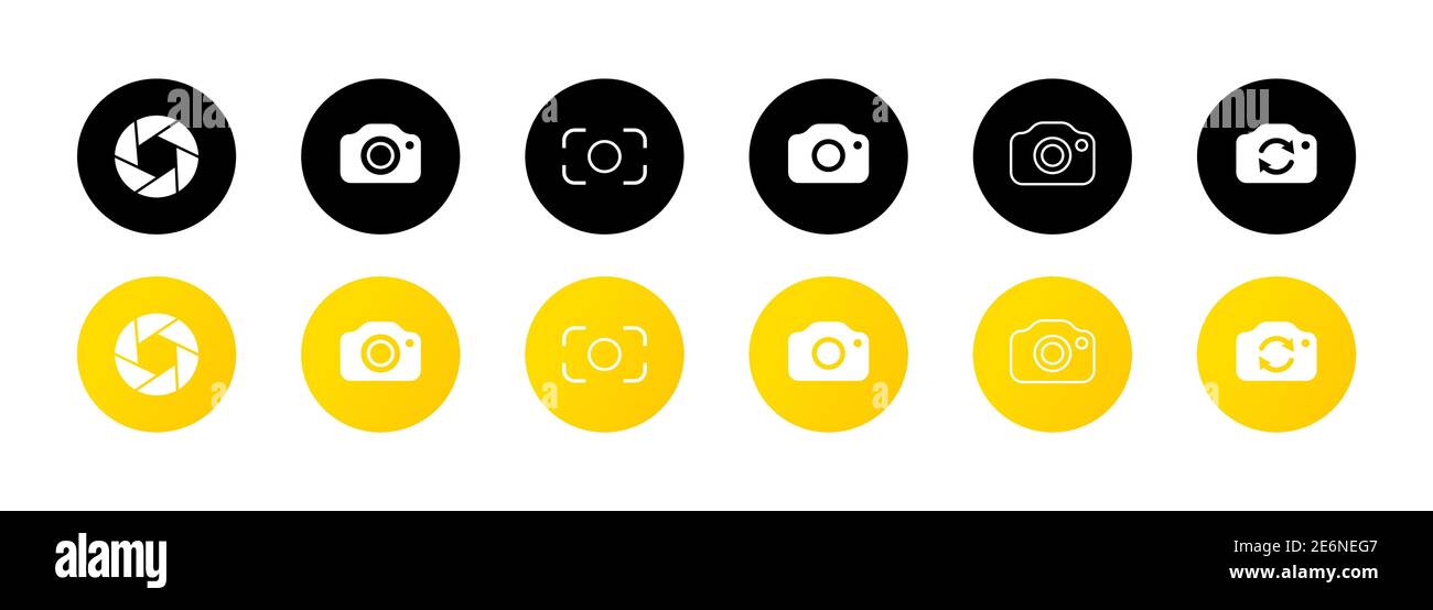 Icona dell'otturatore della fotocamera, obiettivi e fotocamere Imposta icone. Vettore su sfondo isolato. EPS 10 Illustrazione Vettoriale