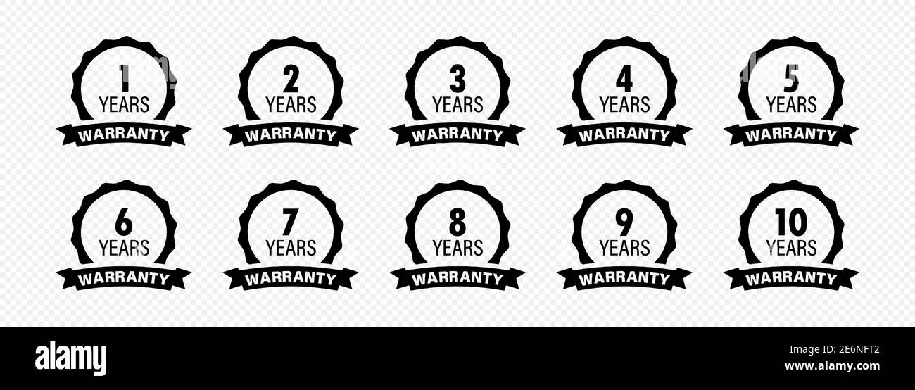 Set di icone etichette di garanzia per anni e durata. Illustrazione Vettoriale
