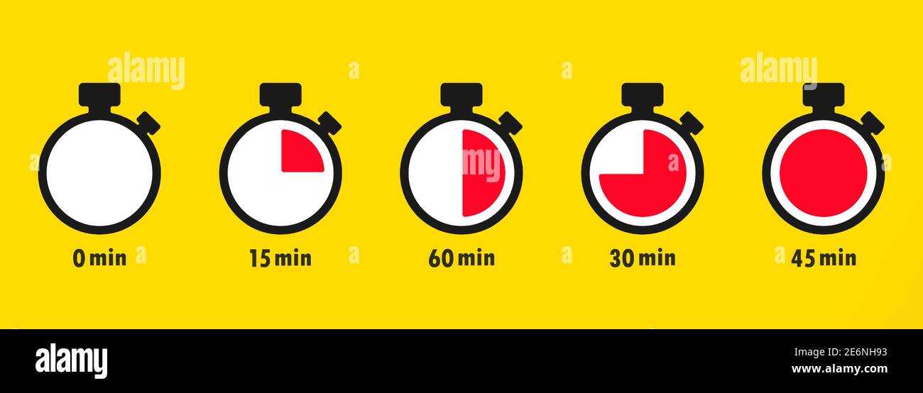 Timer, cronometro, cronometro, ora, icona orologio . Conto alla rovescia di 10 20 30 40 50 60 minuti Illustrazione Vettoriale