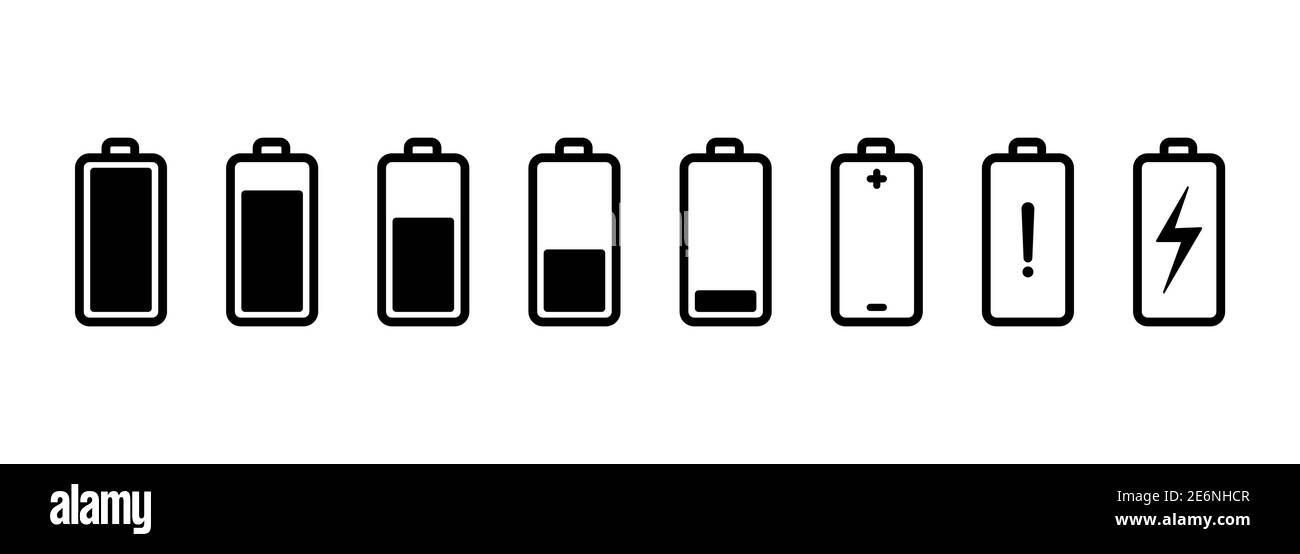 Batteria con diversi livelli di carica, icone impostate. EPS vettoriale 10 Illustrazione Vettoriale