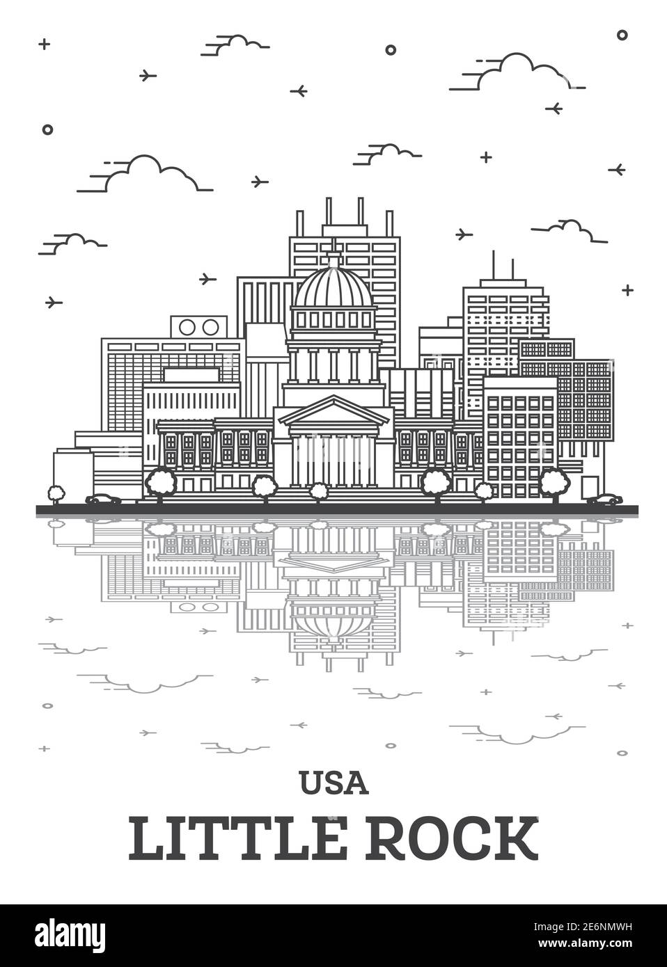Profilo Little Rock Arkansas USA City Skyline con edifici moderni e riflessi isolati su bianco. Illustrazione vettoriale. Paesaggio urbano di Little Rock USA Illustrazione Vettoriale