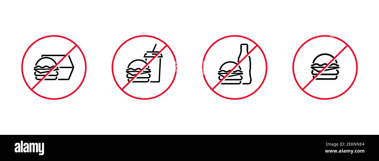 Nessun segno di fast food o nessuna icona di mangiare piatta in nero e rosso. Simbolo proibito semplice su sfondo bianco isolato. Vettore EPS 10 Illustrazione Vettoriale