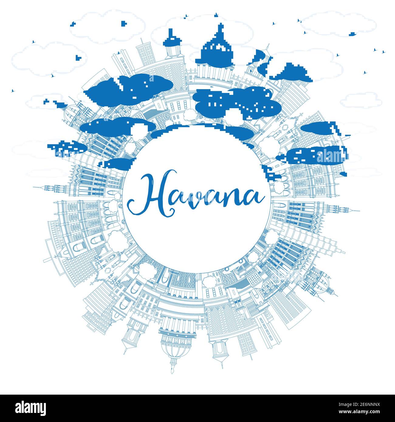 Profilo l'Avana Cuba City Skyline con edifici blu e Copy Space. Illustrazione vettoriale. Concetto turistico con architettura storica e moderna. Illustrazione Vettoriale