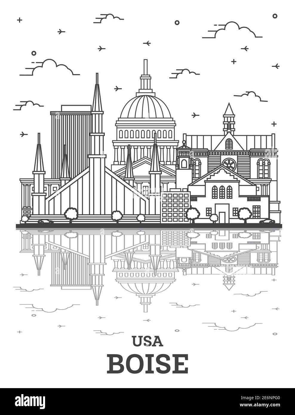 Delineare Boise Idaho skyline della città con edifici moderni e di riflessioni isolato su bianco. Illustrazione Vettoriale. Boise USA Cityscape con punti di riferimento. Illustrazione Vettoriale