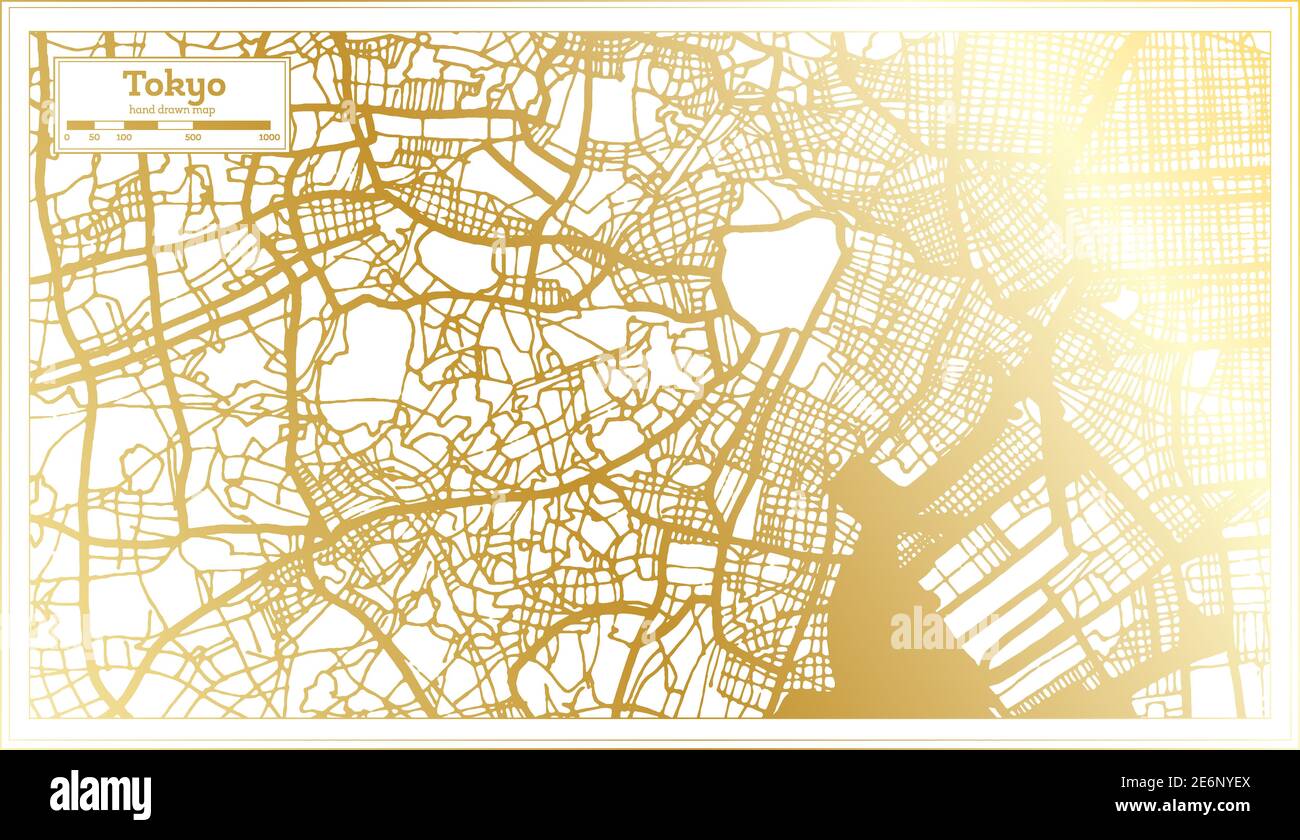 Mappa di Tokyo Japan City in stile retro in colore dorato. Mappa di contorno. Illustrazione vettoriale. Illustrazione Vettoriale