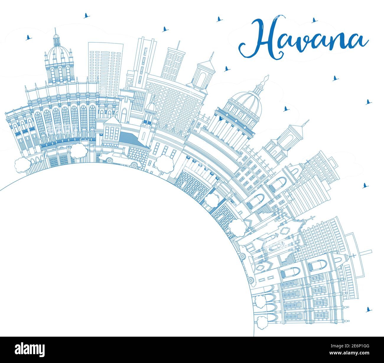 Profilo l'Avana Cuba City Skyline con edifici blu e Copy Space. Illustrazione vettoriale. Concetto turistico con architettura storica e moderna. Illustrazione Vettoriale