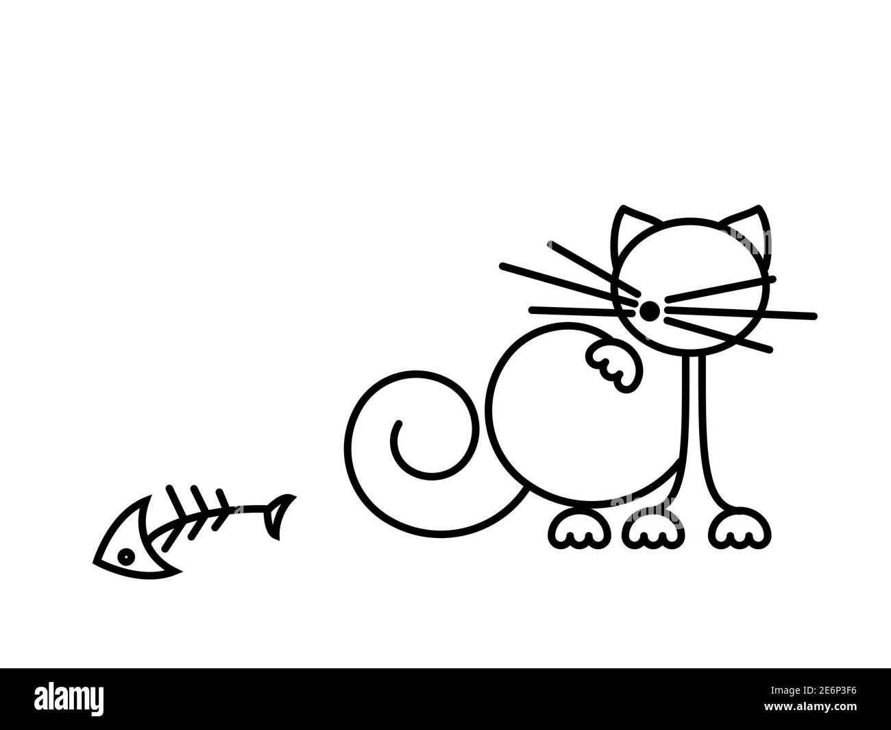 Stampa Cat. Gattino divertente che gioca con un pesce. Illustrazione minimalista Art. Illustrazione Vettoriale