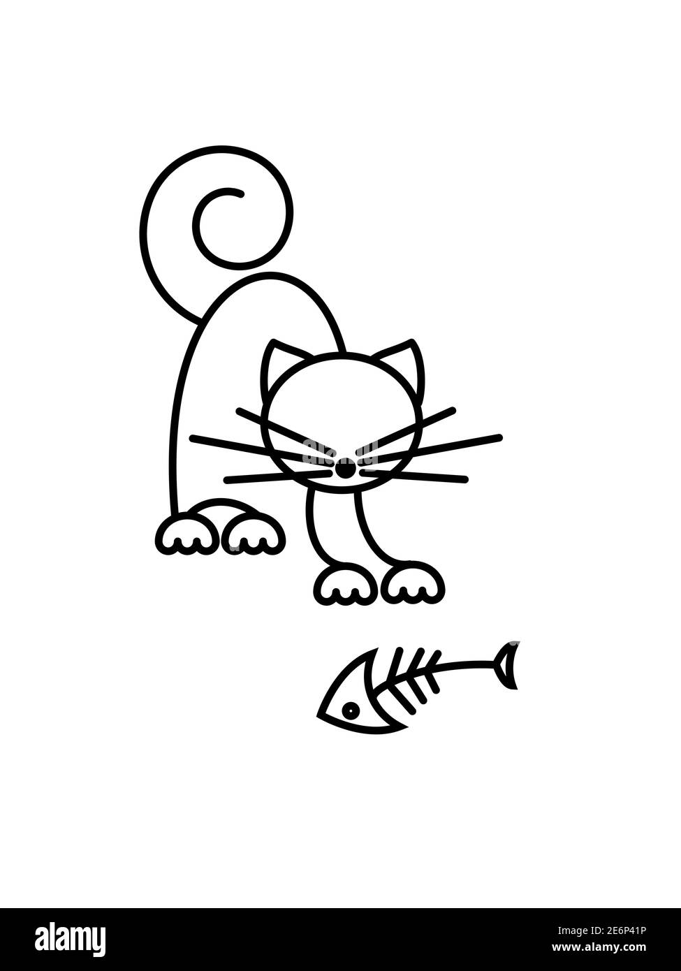 Stampa Cat. Gattino divertente che gioca con un pesce. Illustrazione minimalista Art. Illustrazione Vettoriale