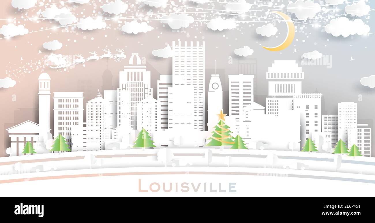 Louisville Kentucky USA City Skyline in stile Paper Cut con fiocchi di neve, Luna e Neon Garland. Illustrazione vettoriale. Natale e Capodanno. Illustrazione Vettoriale