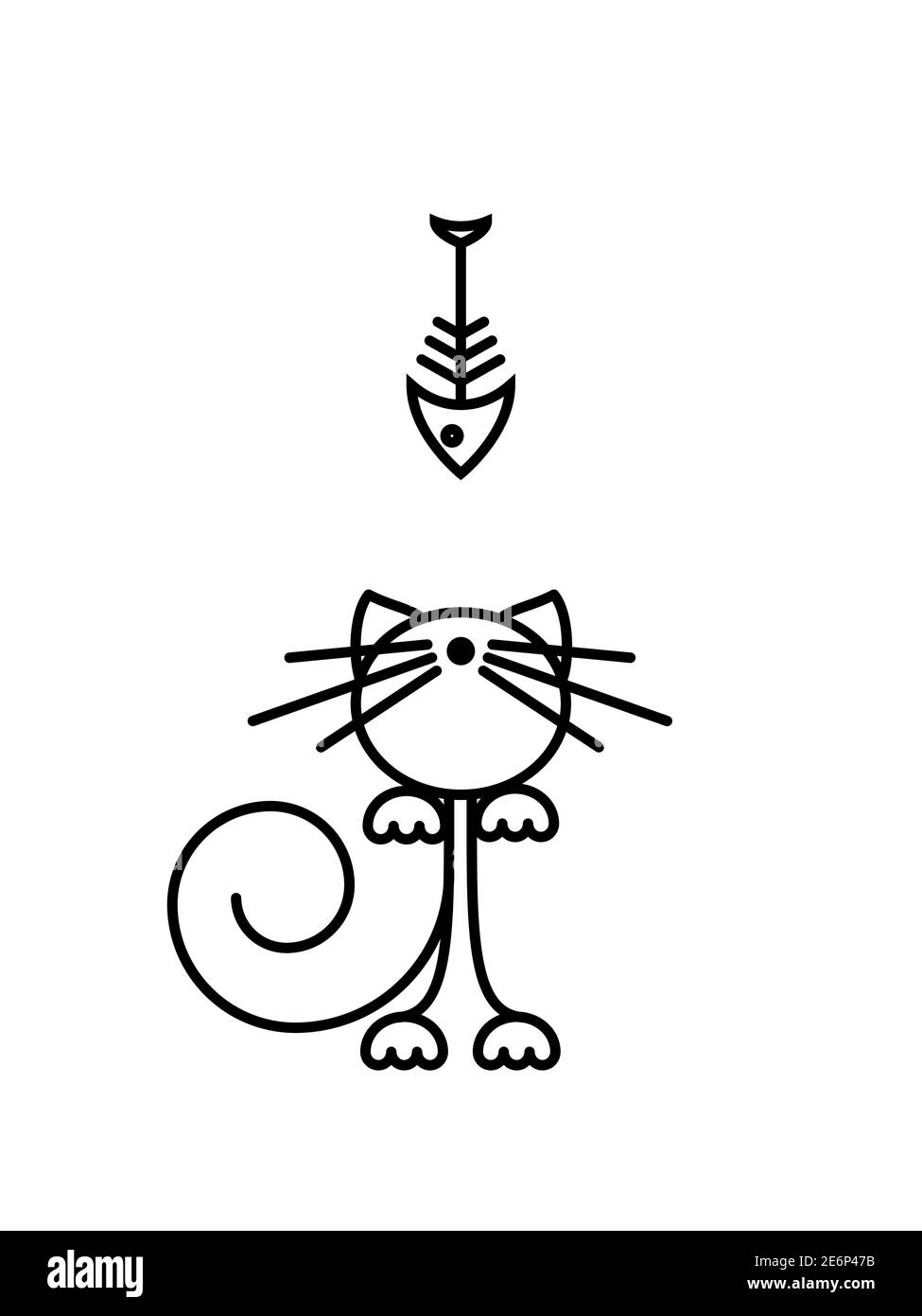 Stampa Cat. Gattino divertente che gioca con un pesce. Illustrazione minimalista Art. Illustrazione Vettoriale