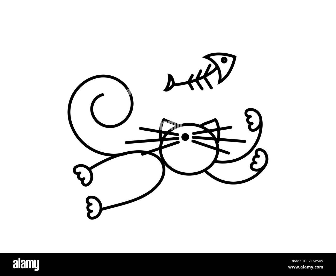 Stampa Cat. Gattino divertente che gioca con un pesce. Illustrazione minimalista Art. Illustrazione Vettoriale
