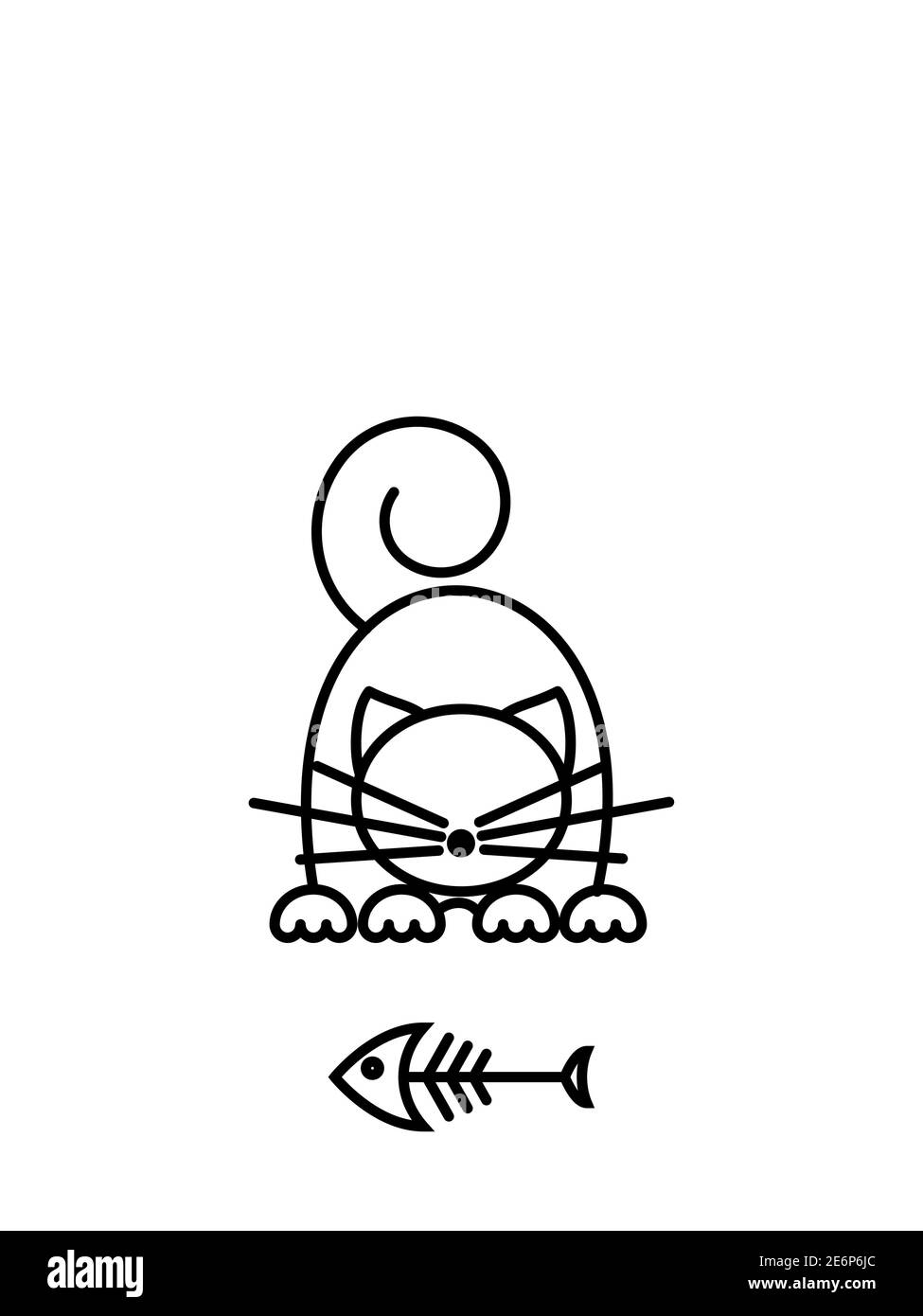 Stampa Cat. Gattino divertente che gioca con un pesce. Illustrazione minimalista Art. Illustrazione Vettoriale